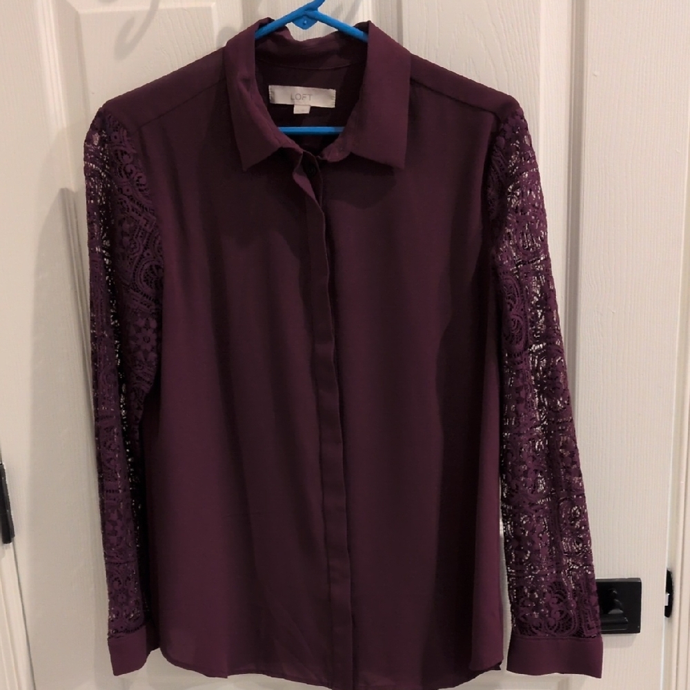 LOFT Purple Lace Button Up Top Size Medium